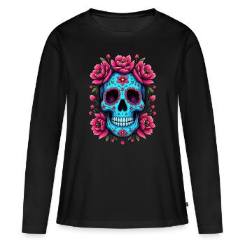 Mexikanischer Schädel Zuckerschädel Calavera Blüten - Frauen Premium Bio Langarmshirt - Schwarz - Vorne - Julia (174cm)