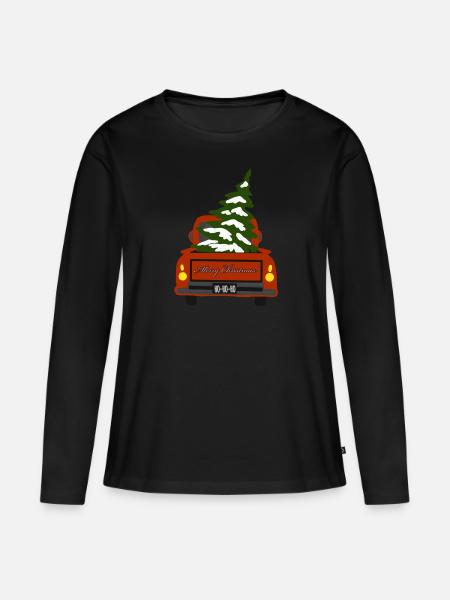 Roter Pick-Up mit Tannenbaum - Frauen Premium Bio Langarmshirt - Schwarz