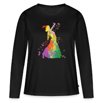 Femme flamenco avec robe flamenco - T-shirt manches longues Premium bio Femme - noir - Devant - Julia (174cm)