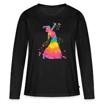 Femme flamenco avec robe flamenco - T-shirt manches longues Premium bio Femme - noir - Devant - Julia (174cm)