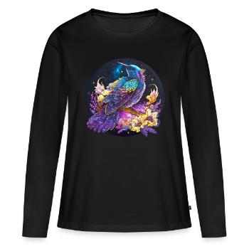Oiseau de nuit, merle, rossignol, fleurs, en détresse - T-shirt manches longues Premium bio Femme - noir - Devant - Julia (174cm)