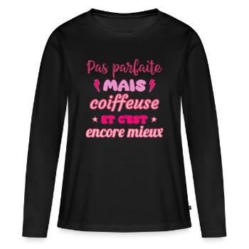paPas parfaite mais coiffeuse,cadeau coiffeuse - T-shirt manches longues Premium bio Femme - noir - Devant - Julia (174cm)
