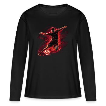 Ein Fußballer in einer dynamischen Aktion mit einem Torschuss. - Frauen Premium Bio Langarmshirt - Schwarz - Vorne - Julia (174cm)
