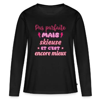 Pas parfaite mais skieuse,ski,montagne - T-shirt manches longues Premium bio Femme - noir - Devant - Julia (174cm)