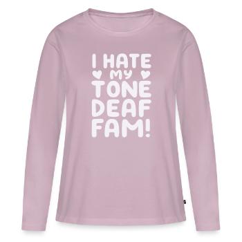 JE DÉTESTE MA FAMILLE SOURDE - T-shirt manches longues Premium bio Femme - rose poudré - Devant - Julia (174cm)