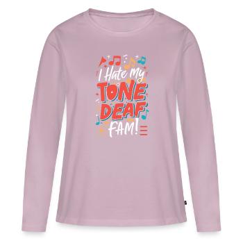 JE DÉTESTE MA FAMILLE SOURDE - T-shirt manches longues Premium bio Femme - rose poudré - Devant - Julia (174cm)