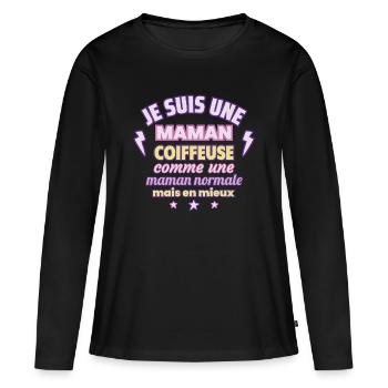 Maman coiffeuse, cadeau fête des mères,Noël - T-shirt manches longues Premium bio Femme - noir - Devant - Julia (174cm)