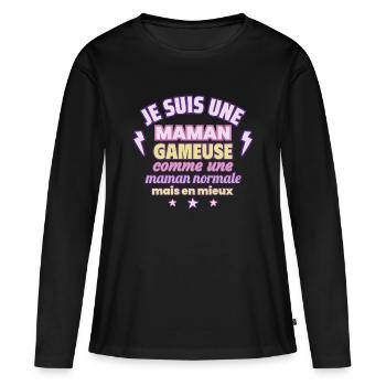 Maman gameuse, cadeau fête des mères, Jeux vidéo - T-shirt manches longues Premium bio Femme - noir - Devant - Julia (174cm)