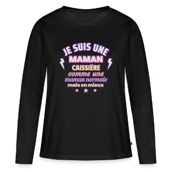Maman caissière, cadeau fête des mères,Humour - T-shirt manches longues Premium bio Femme - noir - Devant - Julia (174cm)