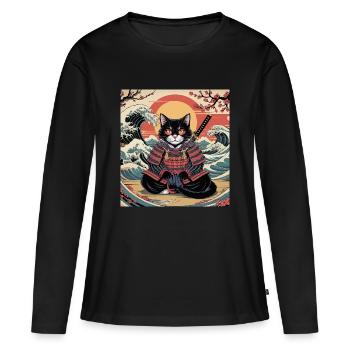 Samurai Katze mit Sonnenuntergang und Wellen – Jap - Frauen Premium Bio Langarmshirt - Schwarz - Vorne - Julia (174cm)