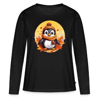 Pinguin im Herbst: Laub & Sonnenuntergang - Frauen Premium Bio Langarmshirt - Schwarz - Vorne - Julia (174cm)