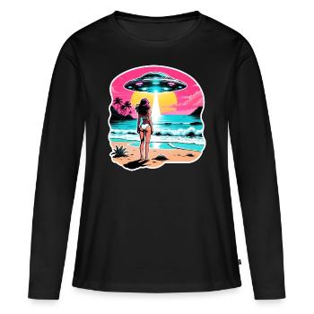 La fille de la plage regarde le coucher de soleil et un OVNI. - T-shirt manches longues Premium bio Femme - noir - Devant - Julia (174cm)