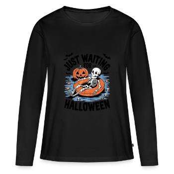 Juste en attendant le squelette d’Halloween - T-shirt manches longues Premium bio Femme - noir - Devant - Julia (174cm)