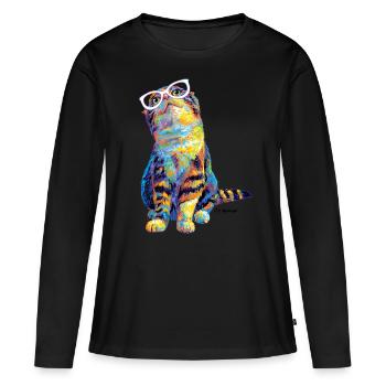 PD Moreno Dreamy Cat avec des lunettes - T-shirt manches longues Premium bio Femme - noir - Devant - Julia (174cm)