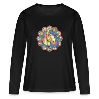Mandala Pferdekopf - Frauen Premium Bio Langarmshirt - Schwarz - Vorne - Julia (174cm)