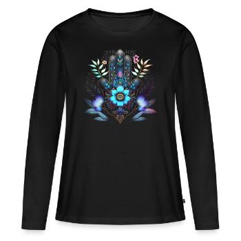 Hamsa Hand, Nazar, Schutzsymbol, Glücksbringer - Frauen Premium Bio Langarmshirt - Schwarz - Vorne - Julia (174cm)