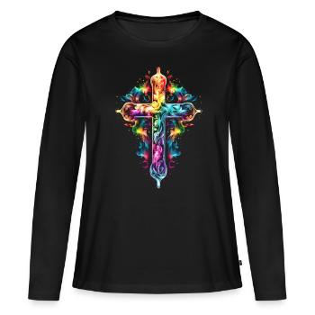 Regenbogen, Kreuz, Christentum, Glaube, Liebe - Frauen Premium Bio Langarmshirt - Schwarz - Vorne - Julia (174cm)