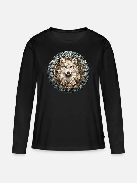 Weißer Wolf, Blumen, Bleiglas Stil, Tiere, Vintage - Frauen Premium Bio Langarmshirt - Schwarz