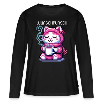 WITZIGE WUNSCH PUNSCH KATZE GAMING RETRO PIXELART - Frauen Premium Bio Langarmshirt - Schwarz - Vorne - Julia (174cm)