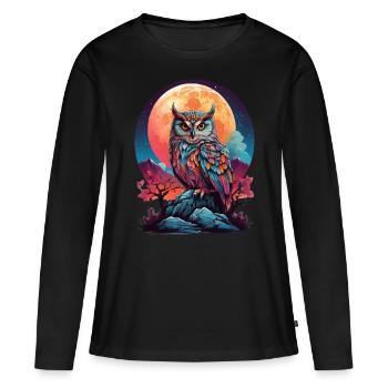 MYSTIQUE AU CLAIR DE LUNE : LA VEILLÉE NOCTURNE D’UN HIBOU COLORÉ - T-shirt manches longues Premium bio Femme - noir - Devant - Julia (174cm)