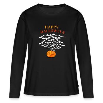 Happy Halloween/ Pumkin blows out bats - Frauen Premium Bio Langarmshirt - Schwarz - Vorne - Julia (174cm)