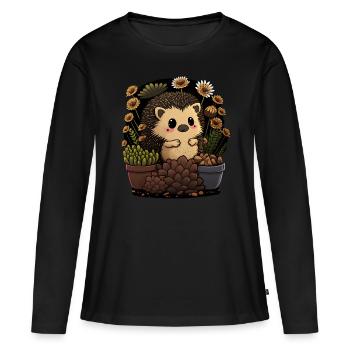 Petit hérisson, pot de fleur, cactus, fleurs, jardin - T-shirt manches longues Premium bio Femme - noir - Devant - Julia (174cm)