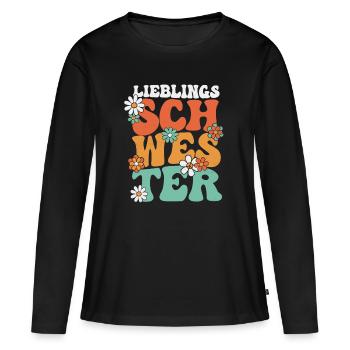 LIEBLINGSSCHWESTER 70ER RETRO HIPPIE SCHWESTER - Frauen Premium Bio Langarmshirt - Schwarz - Vorne - Julia (174cm)