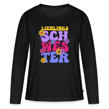 LIEBLINGSSCHWESTER 70ER RETRO HIPPIE SCHWESTER - Frauen Premium Bio Langarmshirt - Schwarz - Vorne - Julia (174cm)