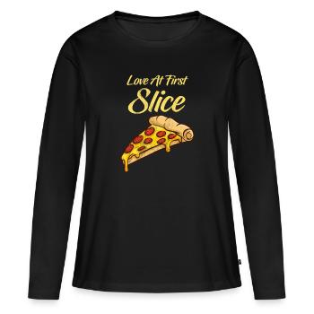 L'amour à la première tranche de fromage pizza au pepperoni drôle - T-shirt manches longues Premium bio Femme - noir - Devant - Julia (174cm)