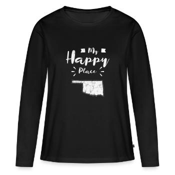 Oklahoma Distressed Happy Place Tee - Women's Premium Organic Long Sleeve Shirt - black - Front - Julia (174cm)