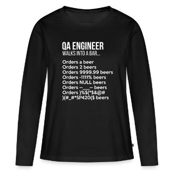 Un ingénieur Qa entre dans un bar Débogage drôle - T-shirt manches longues Premium bio Femme - noir - Devant - Julia (174cm)