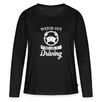 Attention, cette fille conduit drôle pour nouveau - T-shirt manches longues Premium bio Femme - noir - Devant - Julia (174cm)