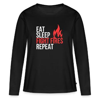 Eat Sleep Fight Fires Repeat - Cadeau pour pompier - T-shirt manches longues Premium bio Femme - noir - Devant - Julia (174cm)