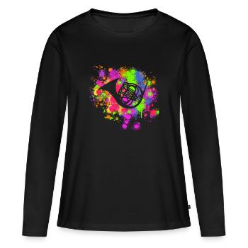 French Horn Artistic Paint Splat Musical - Frauen Premium Bio Langarmshirt - Schwarz - Vorne - Julia (174cm)
