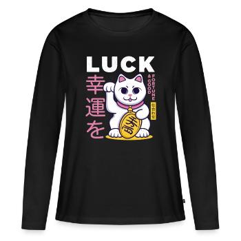 Lucky Cat Bonne chance - T-shirt manches longues Premium bio Femme - noir - Devant - Julia (174cm)