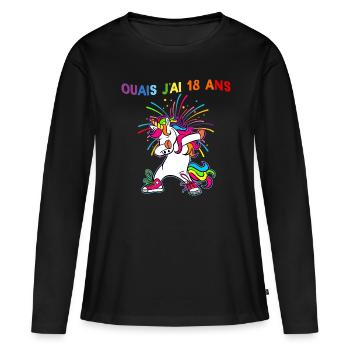Licorne Ouais J'Ai 18 Ans Humour Anniversaire 18 - T-shirt manches longues Premium bio Femme - noir - Devant - Julia (174cm)