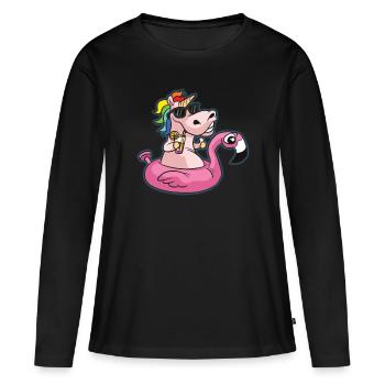 Flamant rose licorne POOL PARTY - T-shirt manches longues Premium bio Femme - noir - Devant - Julia (174cm)