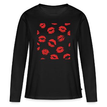 Baiser Baiser Bouche Lèvres Langue Amour - T-shirt manches longues Premium bio Femme - noir - Devant - Julia (174cm)