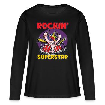 Humour de batteur de licorne rocker ROCKIN SUPERSTAR - T-shirt manches longues Premium bio Femme - noir - Devant - Julia (174cm)