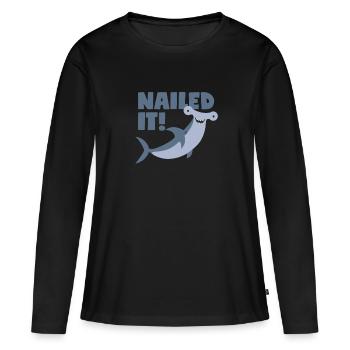 Jeu de mots marteau: « Cloué! » - T-shirt manches longues Premium bio Femme - noir - Devant - Julia (174cm)