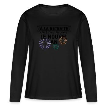 À la retraite c'est tout les jours le nouvel an. - T-shirt manches longues Premium bio Femme - noir - Devant - Julia (174cm)