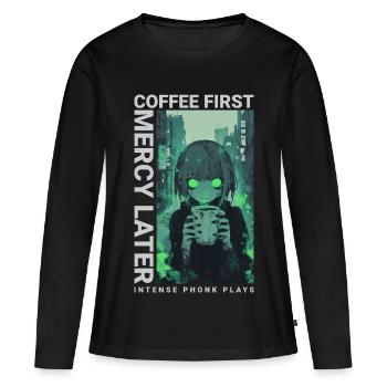 Café d'abord, Miséricorde plus tard, style anime Vaporwave - T-shirt manches longues Premium bio Femme - noir - Devant - Julia (174cm)