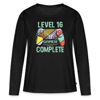 Niveau 16 complète 16 Ans Gamer Level 16 Complete - T-shirt manches longues Premium bio Femme - noir - Devant - Julia (174cm)