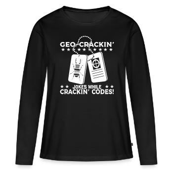 Des blagues géo-déchiffrées tout en déchiffrant des codes ! - T-shirt manches longues Premium bio Femme - noir - Devant - Julia (174cm)