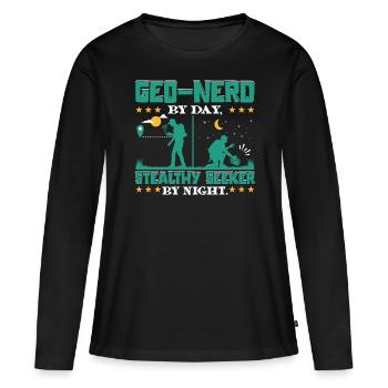 Géo-nerd le jour, chercheur furtif la nuit. - T-shirt manches longues Premium bio Femme - noir - Devant - Julia (174cm)