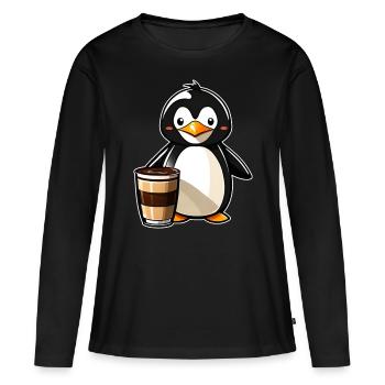 Niedlicher Pinguin mit Kaffee V - Frauen Premium Bio Langarmshirt - Schwarz - Vorne - Julia (174cm)