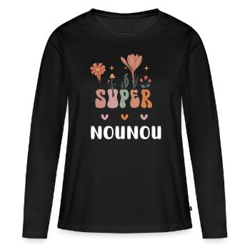 super nounou fleurs bohème - T-shirt manches longues Premium bio Femme - noir - Devant - Julia (174cm)