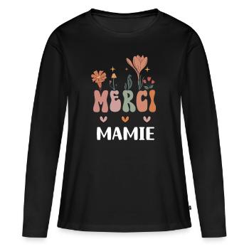 merci mamie fleurs bohème grand-mère - T-shirt manches longues Premium bio Femme - noir - Devant - Julia (174cm)