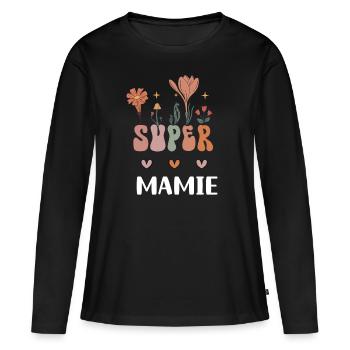 super mamie fleurs bohème grand-mère - T-shirt manches longues Premium bio Femme - noir - Devant - Julia (174cm)