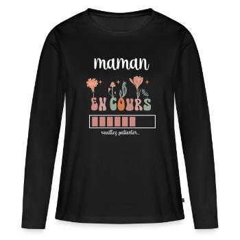 maman en cours boho bohème fleurs cadeau mère - T-shirt manches longues Premium bio Femme - noir - Devant - Julia (174cm)